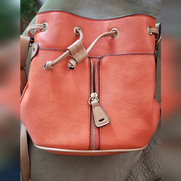 Bueno Orange Crossbody Bag with Metal Hardware. Pull String Closure. 9x9 - Picture 3 of 7